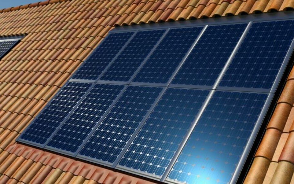 Built-in solar panels on a roof of a retrofitted home